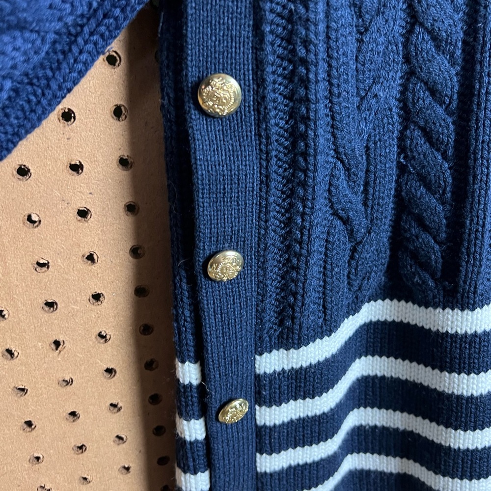 Tuckernuck Navy Striped Sankaty Turtleneck Sweater with Gold Buttons - Picture 4 of 12